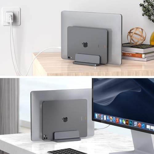 YICOSUN Dual-Slot Aluminum Vertical Laptop Stand for Desk - Adjustable Width Dock for MacBook, Surface, Samsung, HP, Del