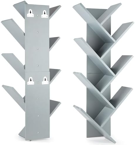 7-Tier Wall Mounted Book Organizer - Grey Pine Wood Book Tree for Bedroom