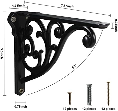 2 Pack 8 Inch Shelf Brackets, Black Shelf Brackets,Metal Bracket for Shelves Ornate Heavy Duty Decorative wall Brackets 