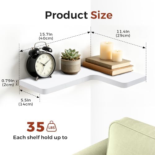 Solid Wood Corner Floating Shelves, L-Shaped, White, Set of 4