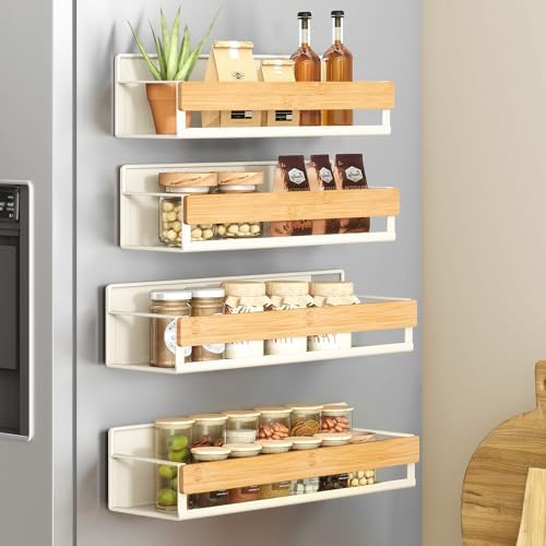 SONGMICS 4-Pack Strong Magnetic Real Bamboo Spice Racks for Fridge