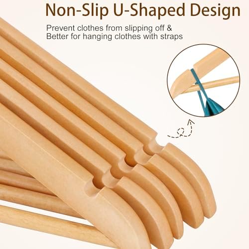 Nouva Wooden Clothes Hangers 50 Pack, Non-Slip Grooved Shoulder Coat Hanger, Slim for Shirts, Jackets, Dress, Pant
