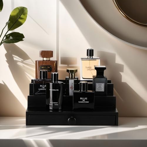 3 Tier Men's Cologne Organizer, Black Wooden Display Stand with Drawer