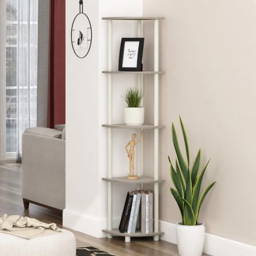 Furinno Turn-N-Tube Toolless Assembly Corner Shelf, 5-Tier Oak Corner Bookshelf, Open Storage Shelves, for Organization 