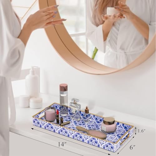MAONAME Blue Vanity Tray Set of 2, Plastic Decorative Trays with Handles