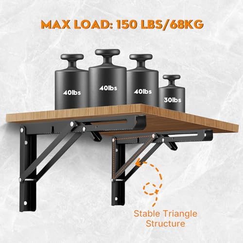 Folding Shelf Brackets 14 Inch - 2PCS Heavy Duty Metal Bracket Shelf, Wall Mounted Collapsible Bracket for Space Saving 
