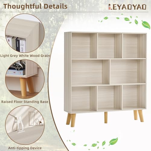 LEYAOYAO 8 Cube Bookshelf,Mid-Century Modern Bookcase with Legs,Light Grey