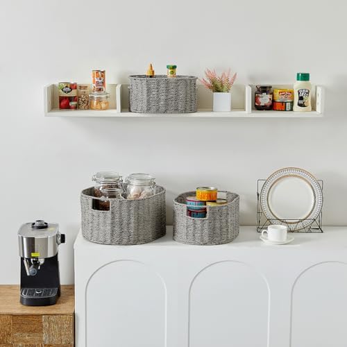 Vagusicc Wicker Storage Basket, Set of 3 Hand-woven Storage Baskets for Organizing, Round Large Wicker Baskets for Stora