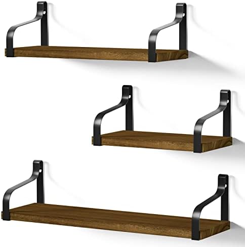 Love-KANKEI Floating Wall Shelves,Solid Wood/Bracket,Set of 3,Light Walnut