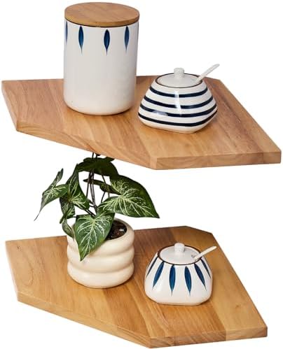 Corner Wall Shelves Set 2 Wire Hole Solid Oak Wood Display Shelf,Natural