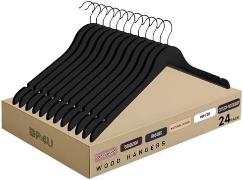 Wooden Top Hangers with 360° Swivel Hook, Black, 24-Pack