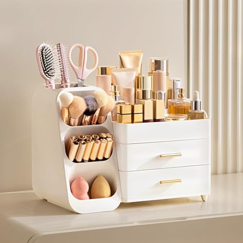 HBlife Makeup Organizer with Brush Holder for Vanity, Large Plastic Bathroom Countertop Organizer Skin Care Storage, Eas