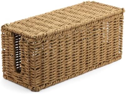 Handwoven Natural Raffia Cable Management Box with Lid – Decorative Cord Organizer for Power Strips, Surge Protectors & 