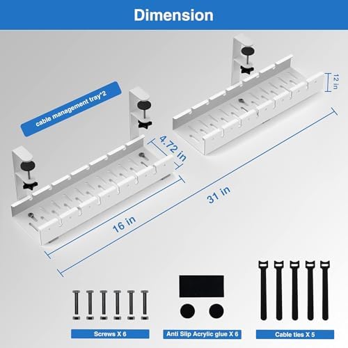 No Drilling Extendable Under Desk Cable Management, Metal Cable Management Tray Under Desk with Clamp, Retractable Power