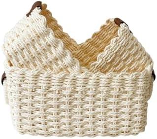 QINGTUHONE Woven Paper Rope Wicker Basket for Organizing(Set of 3,Beige)