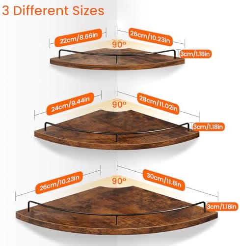 Homode Corner Shelf Wall Mounted Set of 3, Corner Floating Shelves 9/10/12 Inch Deep, Wood Round Corner Hanging Display 