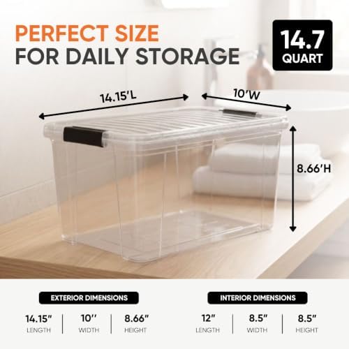 Superio 14.7 Quart Clear Plastic Storage Boxes with Lids, Stackable Organizer Containers, BPA-Free Storage Bins for Home