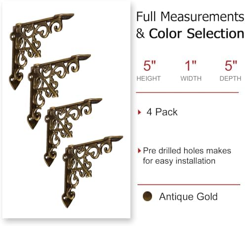 NACH Decorative Shelf Brackets, 4 Pack of 5 x 1.2 x 5 inch, Gold Cast Iron Wall Shelf Brackets - Decorative Bookshelf Br