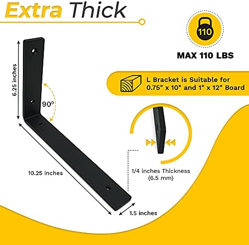 1/4" Thk Heavy Duty Shelf Brackets, 10.25" X 6.25", 4 Pack - Max. 110lb