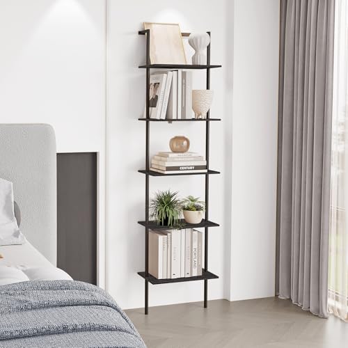5-Tier Wall Mounted Ladder Shelf, Black, 64.7" H
