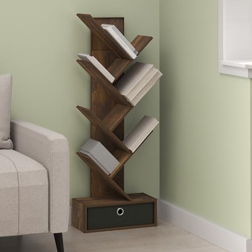 Ipoh Tree Book Shelf, 7-Tier Tree Bookcase, with Bottom Shelf & Bin Drawer, for Narrow Space, Books, CDs, Magazines, Rus