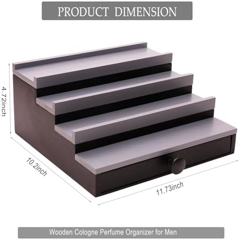 4 Tier Men's Cologne Organizer, Black Gray Wood Display Stand with Drawer