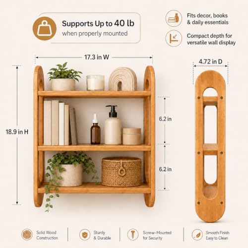 3 Tier Wall Shelf, Solid North American White Oak Floating Wall Shelf