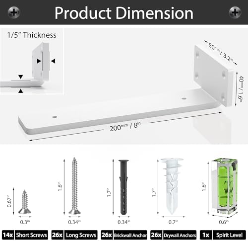 Floating Shelf Brackets 8 Inch 6 Pack, Hidden L Brackets for Shelves White