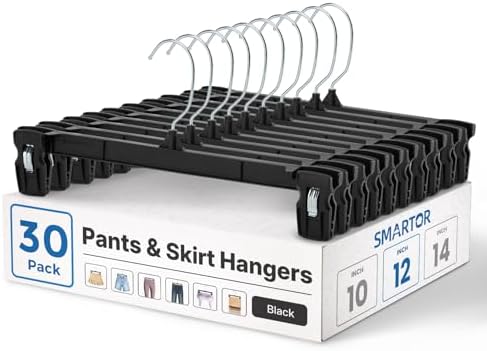 Smartor Black Pants Hangers 30 Pack, Skirt Hangers with Clips, 12 Inch