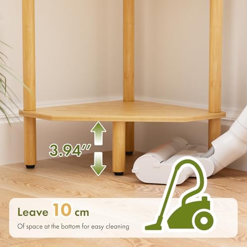 3 Tier Bamboo Corner Shelf, Storage Stand with Adjustable Feet, Small Spaces Corner Bookshelf, Plant Stand, Space-Saving
