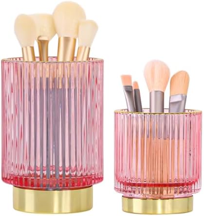 Glass Makeup Brush Holder Organizer, Gold Toothbrush Holders for Bathroom, Pink Makeup Brush Holder Cup for Vanity, Desk