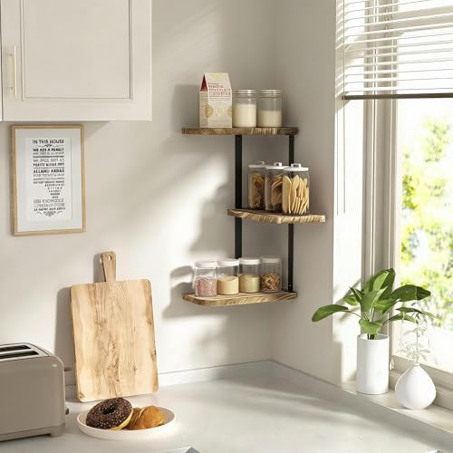 Love-KANKEI Corner Wall Shelf,3-Tier,Solid Wood,17" Tall,Carbonized Black