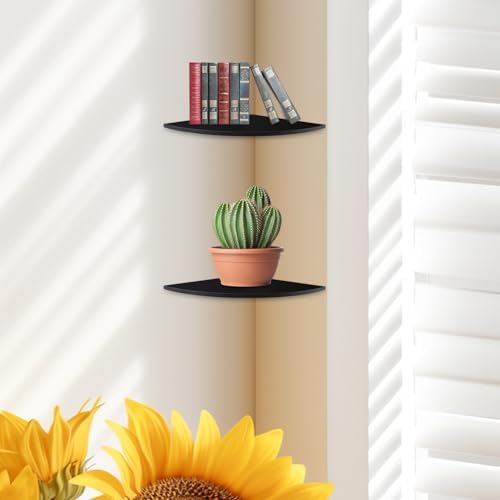 JJL Corner Shelf Wall Mounted, 12-Inch Sector Wood Floating Corner Shelves with Wire Hole, Set of 2 Circular arc Corner 