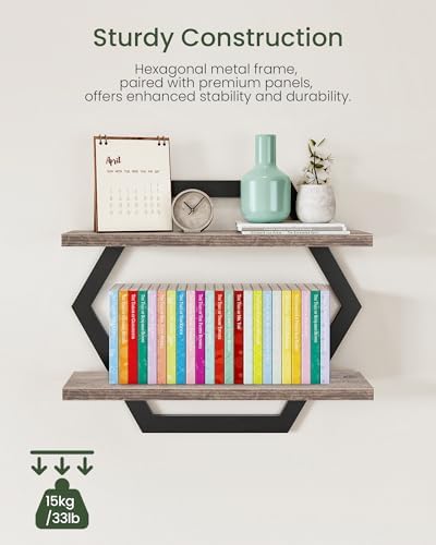 CHOEZON Hexagon Floating Shelves for Wall, Set of 2, 2 -Tier Hanging Shelves, Wall Mounted Storage Shelves, for Living R