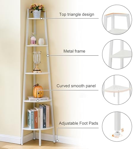 Hoctieon Corner Shelf, 5-Tier Corner Bookshelf, Rustic Ladder Shelf, Industrial Display Stand for Living Room, Kitchen, 