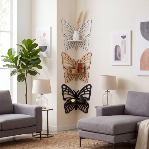 3 Pcs Butterfly Corner Floating Shelves Wall Mounted Set, Neutral Color