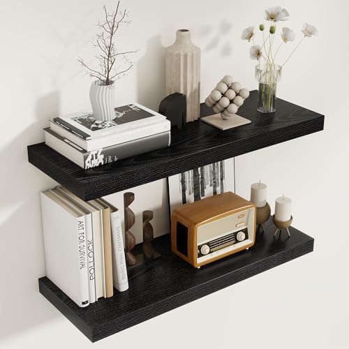 Black Floating Shelves for Wall, 27.5 Inch Bathroom Shelves Set of 2, Rustic Wood Wall Shelf with Invisible Brackets for