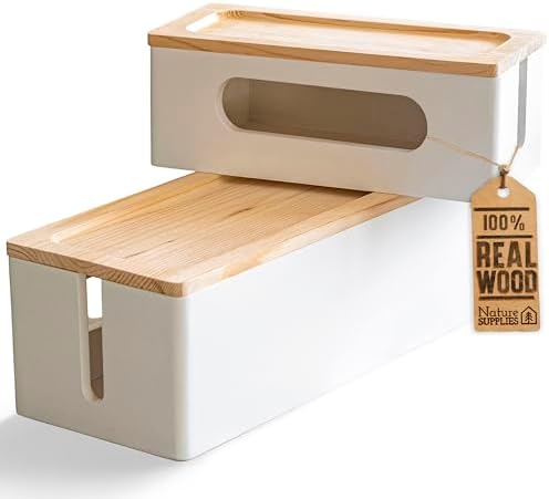 NATURE SUPPLIES Set of 2, Wood Cable Management Boxes, Large and Medium Cord Organizer to Hide Wires and Power Strips fo