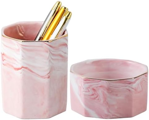 Desk Organizer Set of 2 For Office, Pen Holder and Paper Clip Holder, Ceramic Cute Pencil Cup for Desk, Paper Clip Dispenser for Desktop, Makeup Brush Holder Ideal Gifts for Women, Mom (Pink)
