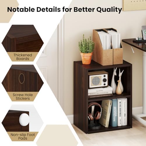 2 Cube Shelf, Wood Cubby Storage Organizer, 2 Shelf Bookcase with Adjustable Shelf, 21" Low Shelves, Small Bookshelf for