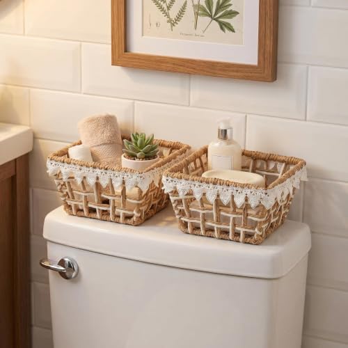 3-Pack Woven Paper Rope Storage Baskets with Lace Trim