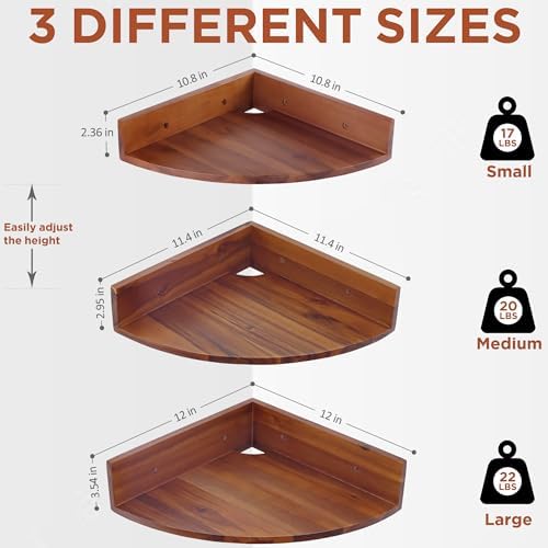 Demigo Corner Shelf Wall Mount Set of 3, Solid Acacia Wood Round Floating Corner Shelves for Storage and Display, Hangin