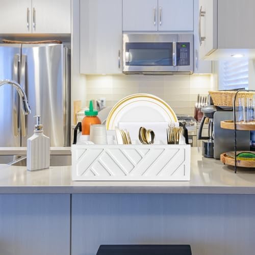 Ukonvi Paper Plate Dispenser and Holder for Kitchen Counter, Wood Rustic Silverware Utensil Caddy, Cutlery Flatware Orga