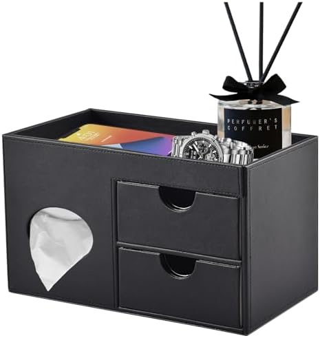 Square Tissue Box Cover with Drawers,Tissue Box Holder with Storage Tray,​ Makeup Organizer and Desk Organizer,Tissue Ho