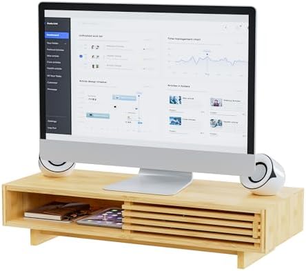 Zri Bamboo Computer Monitor Stand with Drawer, Dual Laptop Stand for Desk,Single Monitor Riser with Storage,Wood Office 