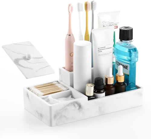 Luxspire Bathroom Counter Organizer with Lid, 6 Slots, Gravel White