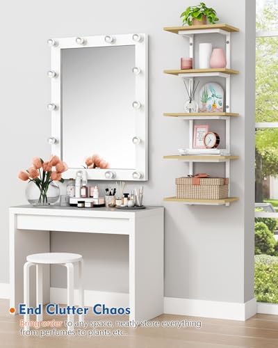 Harwaya White and Natural Tiered Wall Shelf Unit, 5 Tier Display Floating Shelves, Deep Hanging Wall Shelving Unit for L