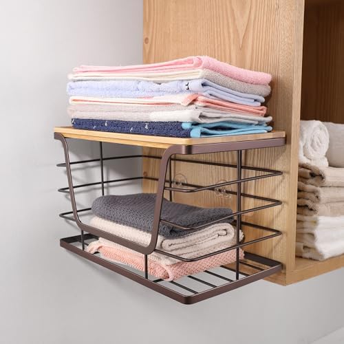 ALOCEO 2 Pack Stackable Wire Storage Basket with Bamboo Lid, Trash Bag Dispenser Under Sink for 4-13 Gal Bags, Kitchen S