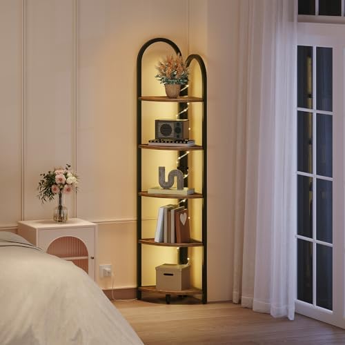 MAHANCRIS 5-Tier Corner Shelf with LED Light, 64.6'' Tall Corner Bookshelf, Narrow Storage Shelf with Metal Frame, for L