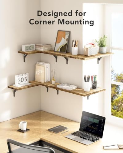 Amada Corner Floating Shelves, Paulownia Wood, Set of 4, Natural Wood